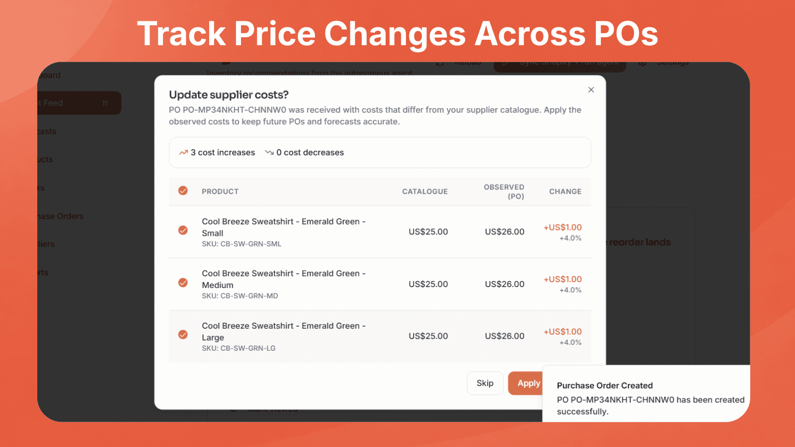 Track supplier price changes across purchase orders