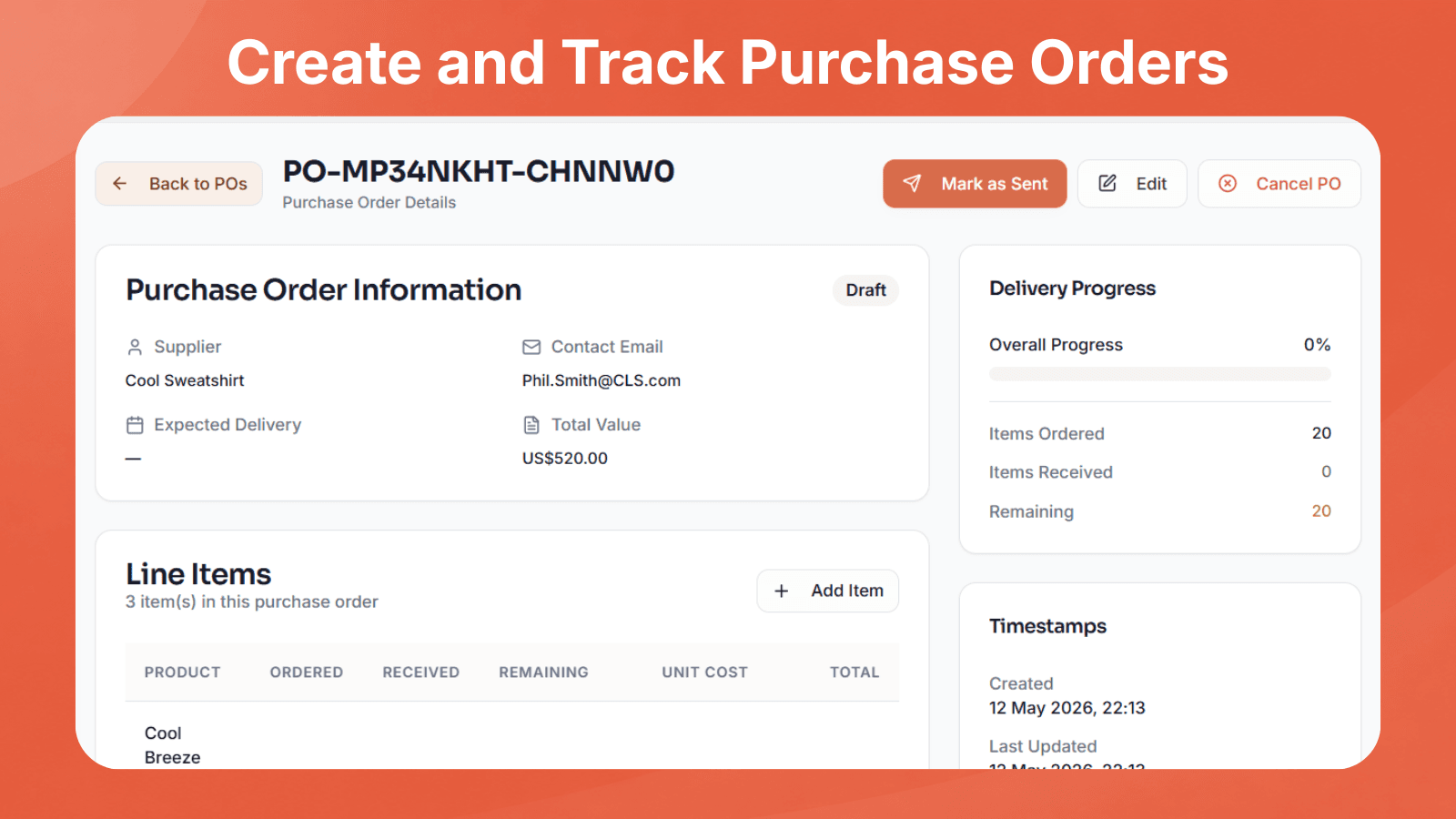 Purchase Order tracking — create, send, and receive POs in one place